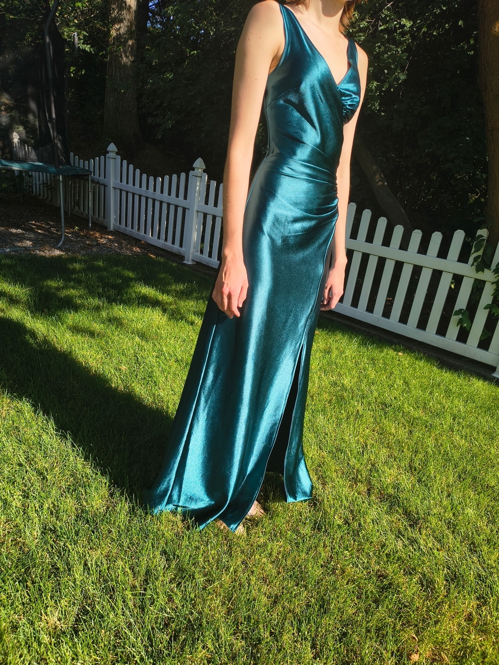 Satin Teal V-Neck Maxi Dress with Side Slit